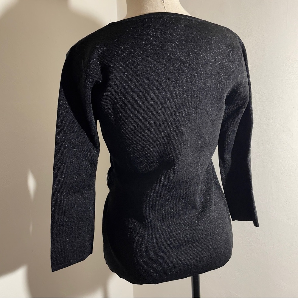 Black Sparkly V-Neck Faux Wrap Sweater Gold Ring Accent by Joseph A
Size Medium - Picture 7 of 15